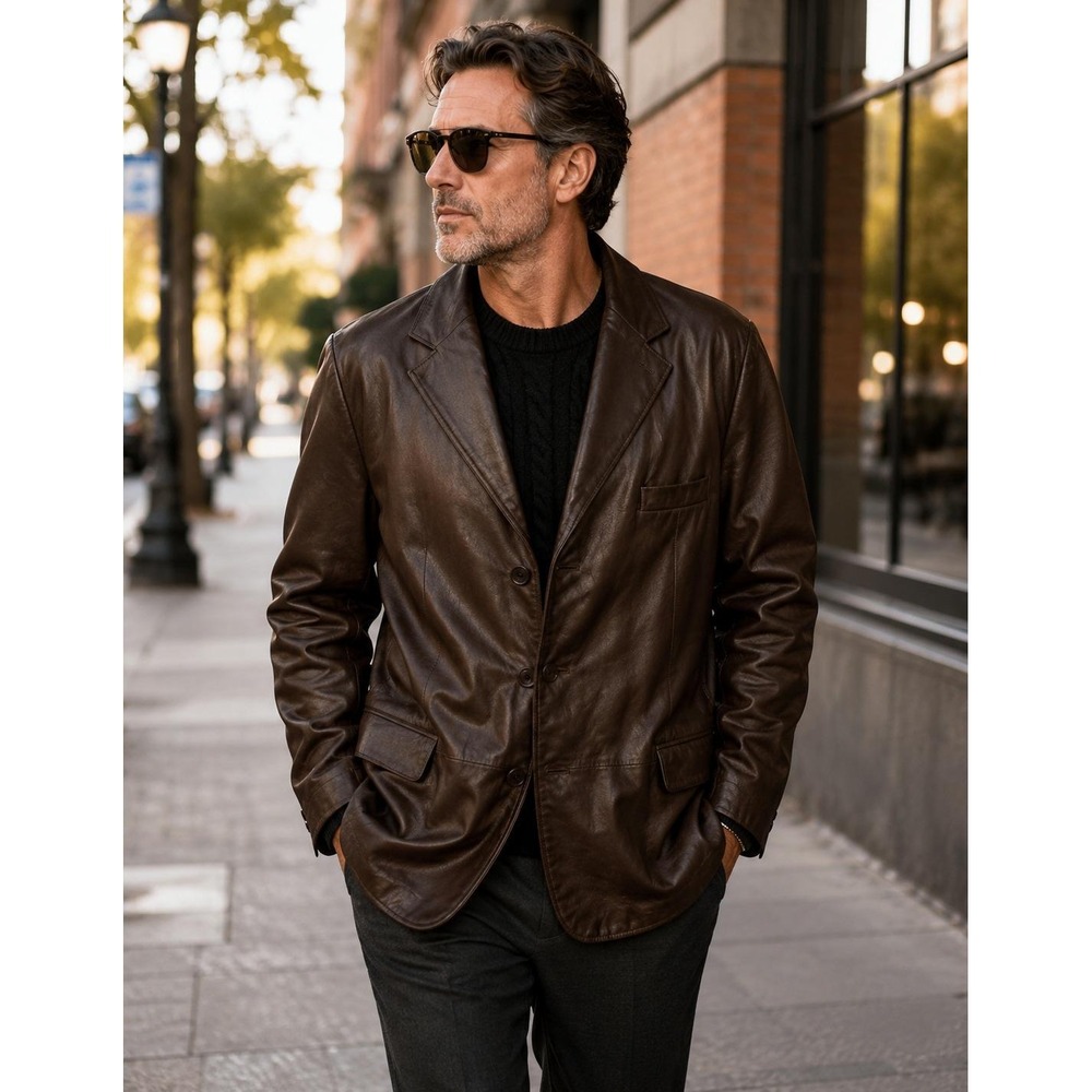 Marshall Field's Men's Brown Lamb Leather Blazer Jacket 46L Three Button